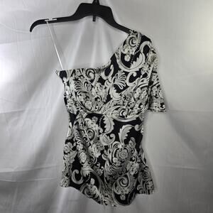 Cache Black and White Silk Blend One Shoulder Blouse Size M